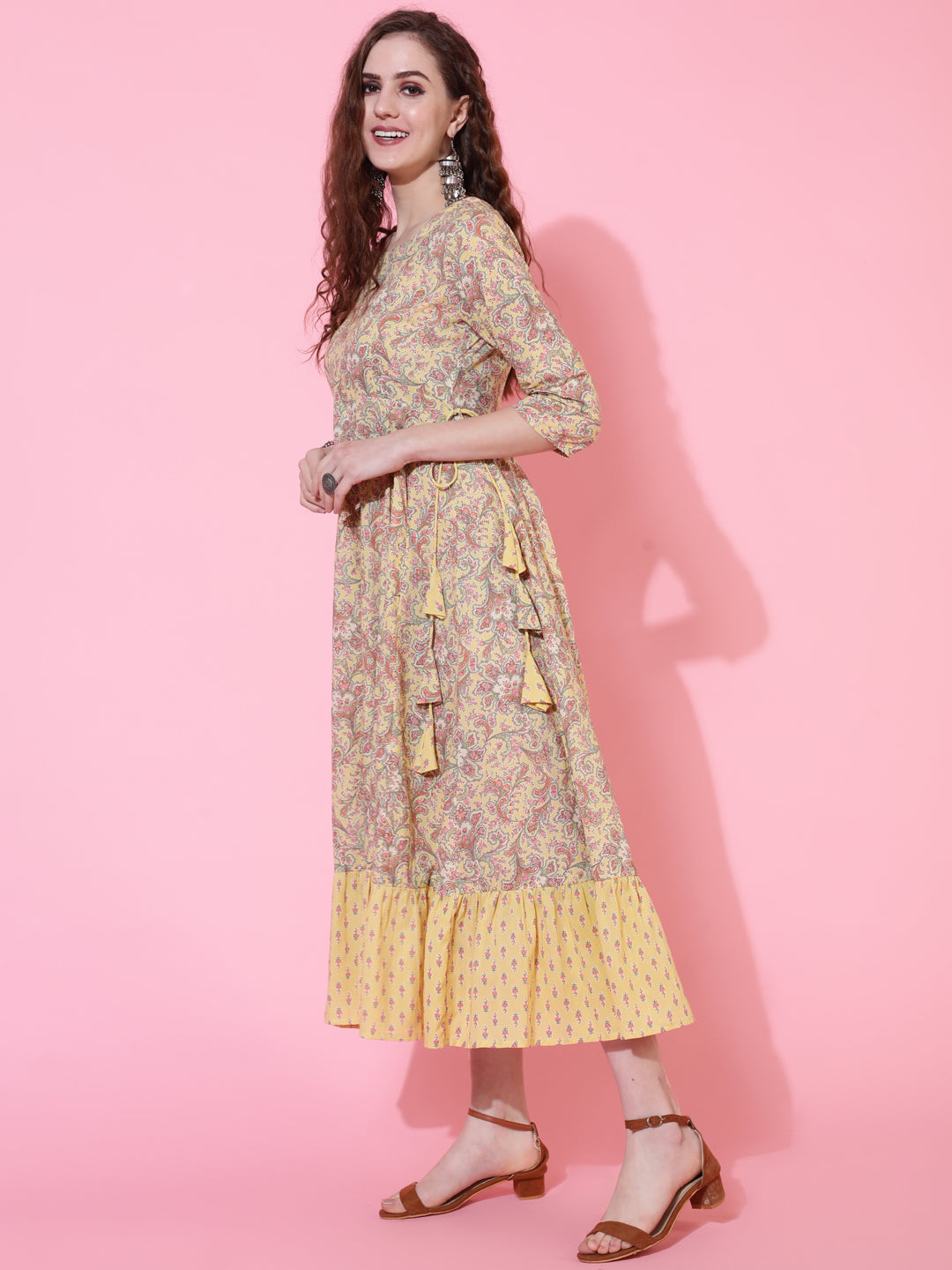 Cotton Printed Calf Length Flared 3/4 Sleeve Round Kurta