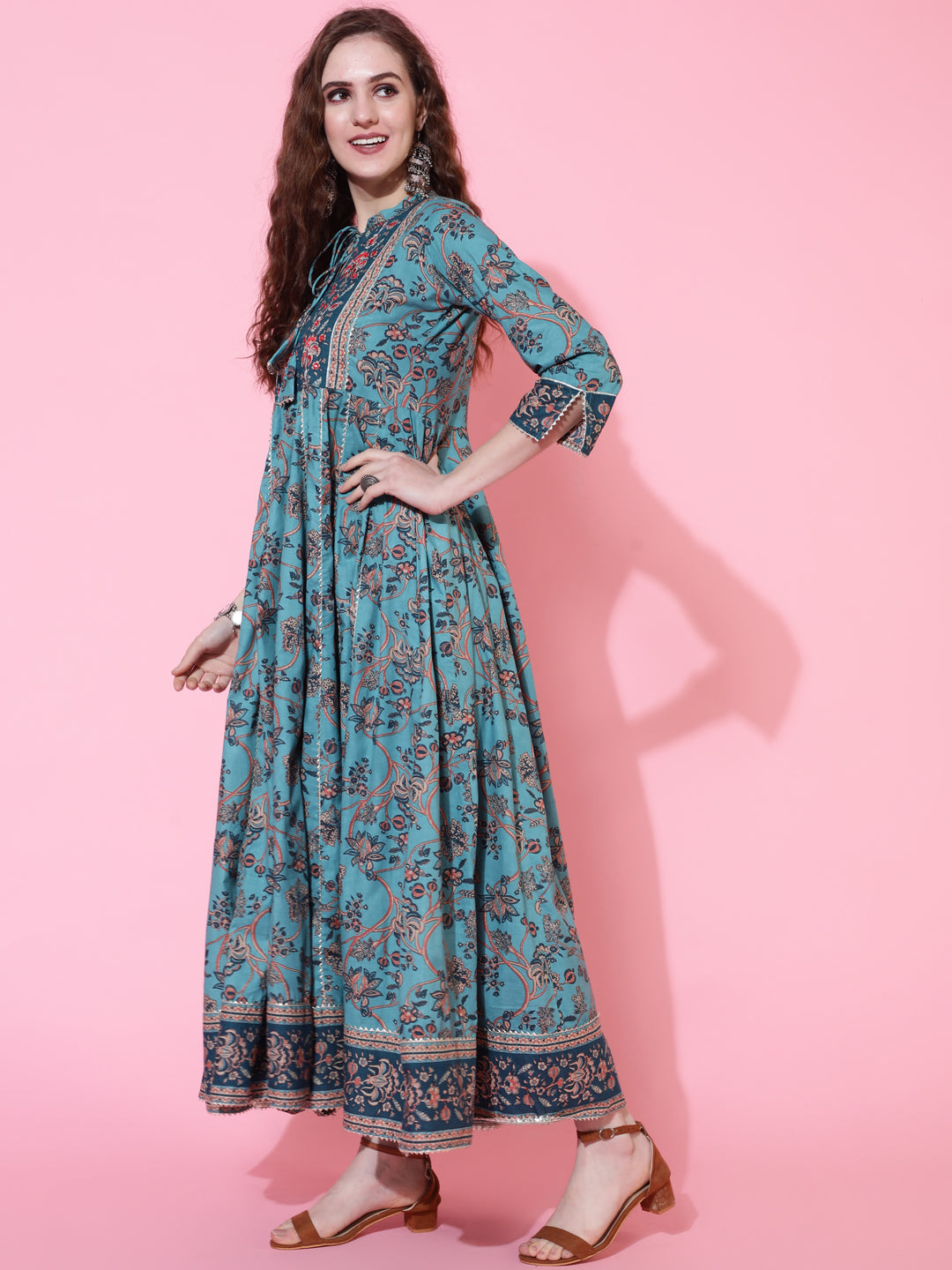 Cotton Printed Ankle Length Flared 3/4 Sleeve Collar Kurta