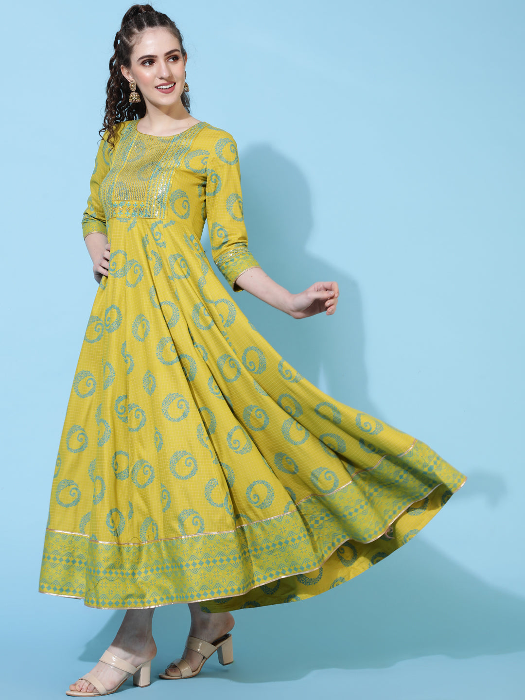 Rayon Ankle Length Printed Flared 3/4 Sleeves Round Neck Kurta