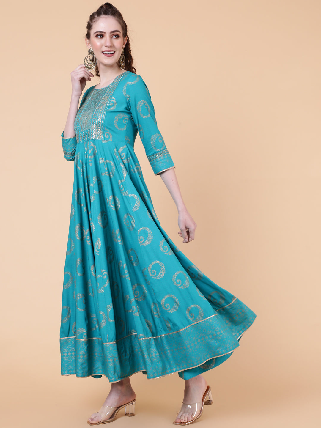 Rayon Ankle Length Printed Flared 3/4 Sleeves Round Neck Kurta