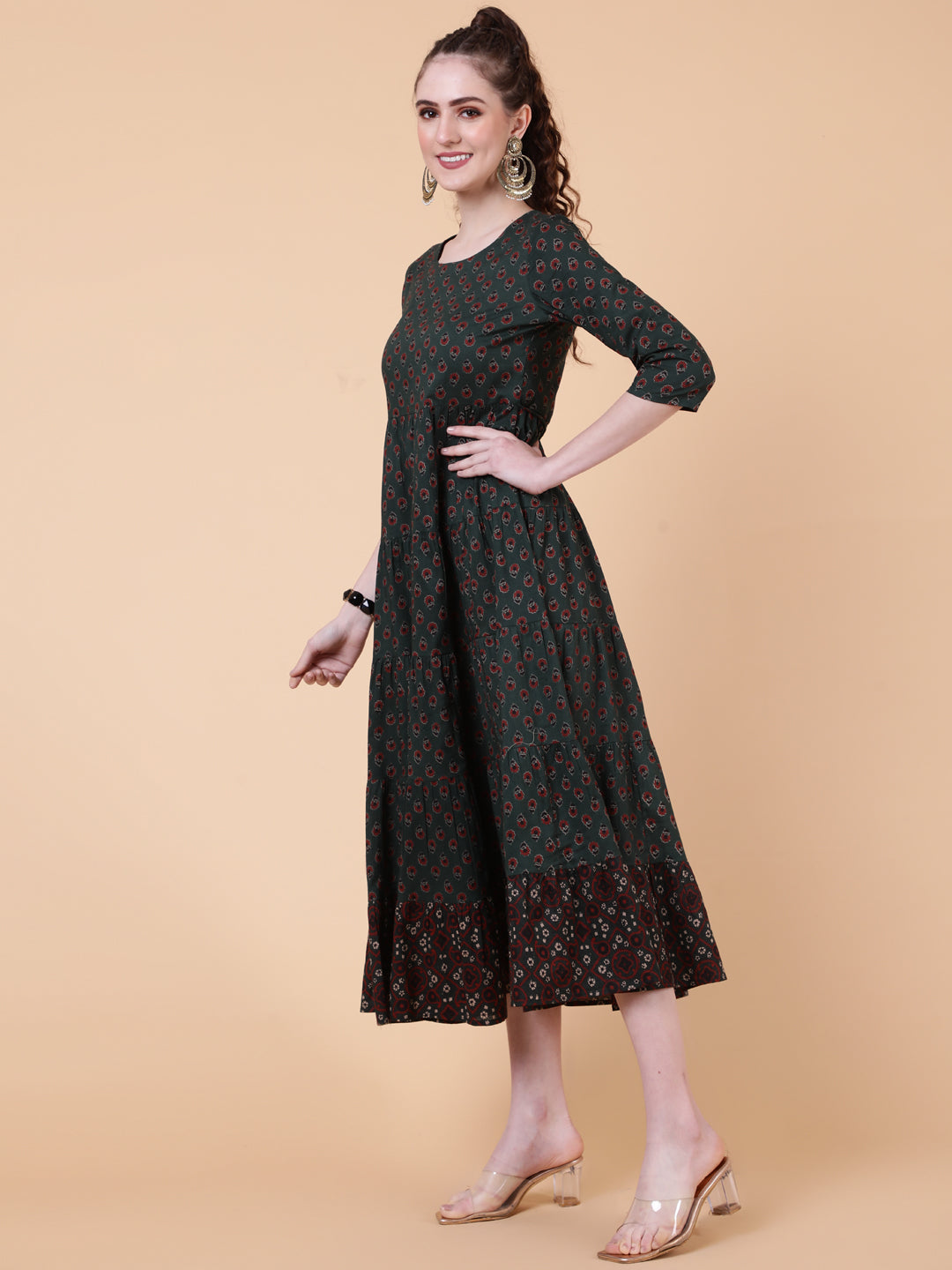 Cotton Calf Length Printed Flared 3/4 Sleeves Round Neck Kurta