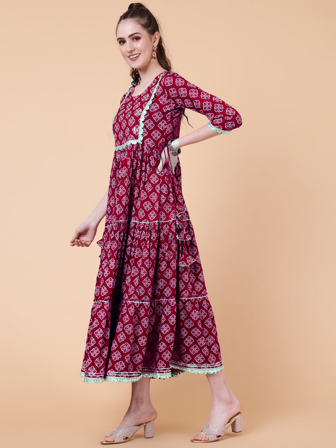 Rayon Calf Length Printed Flared 3/4 Sleeves Round Neck Kurta