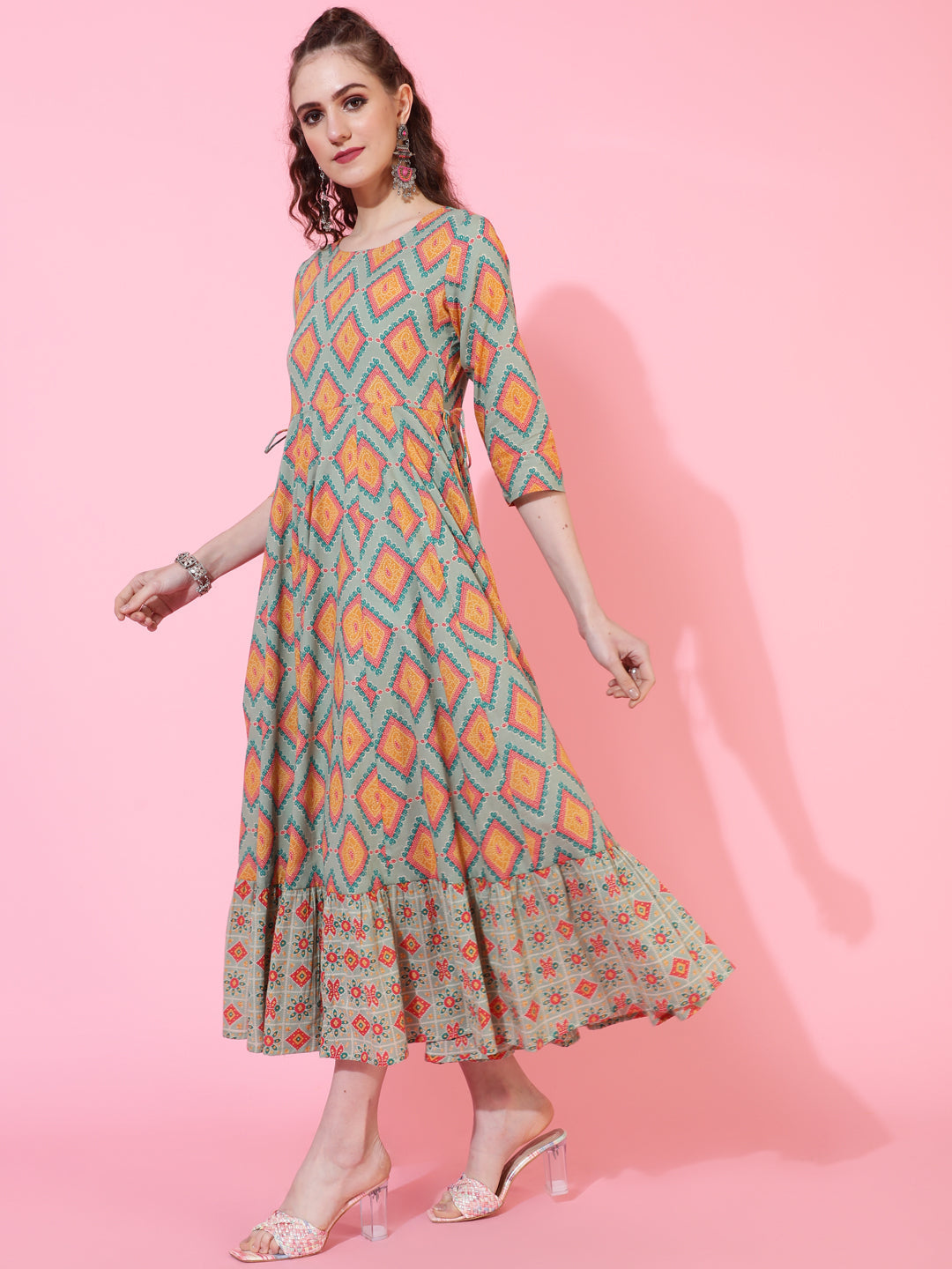 Cotton Calf Printed Flared 3/4 sleeves Round Neck Kurta