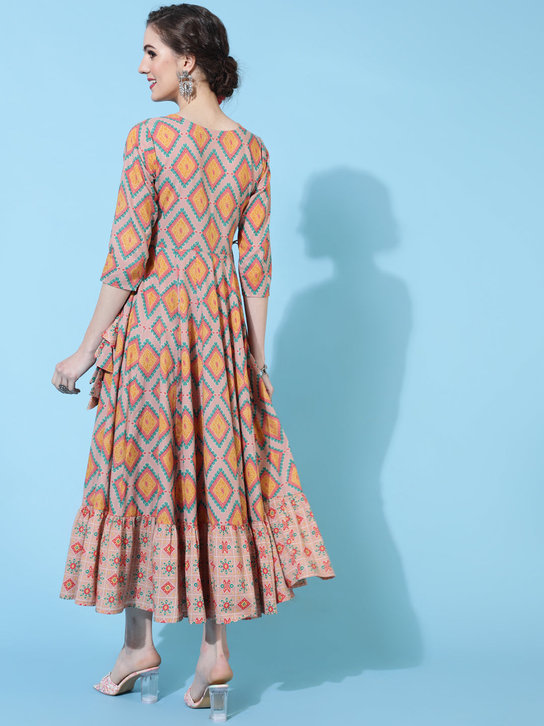 Cotton Calf Printed Flared 3/4 sleeves Round Neck Kurta