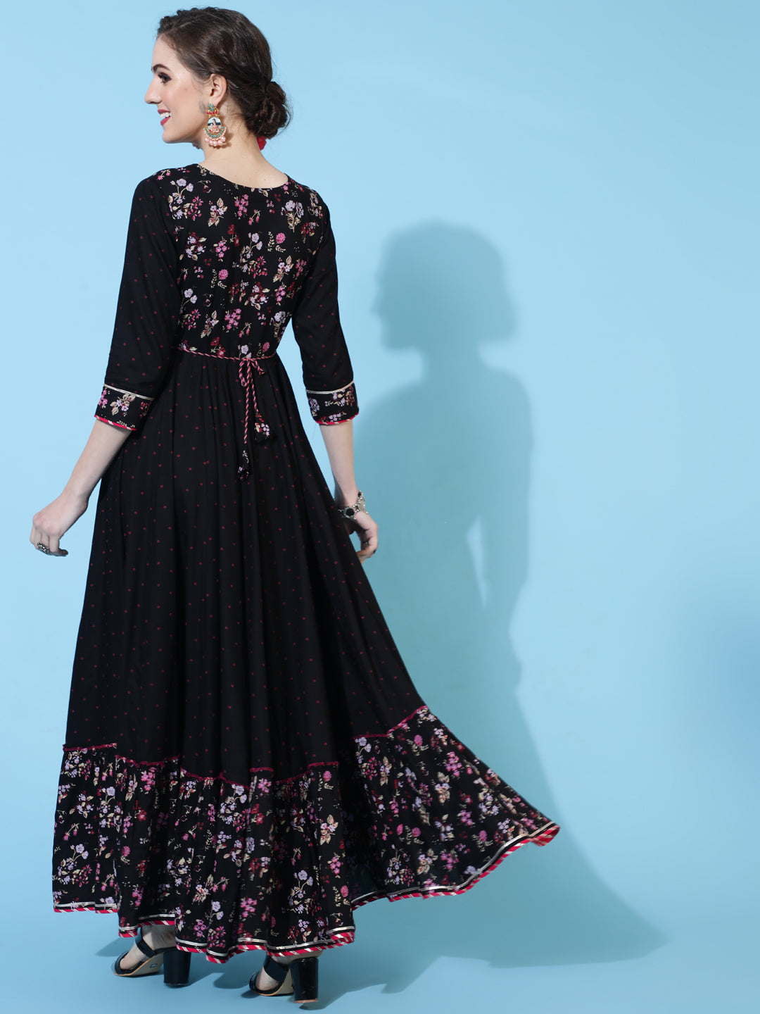 Rayon Ankle Length Printed Flared 3/4 sleeves Round Neck Kurta