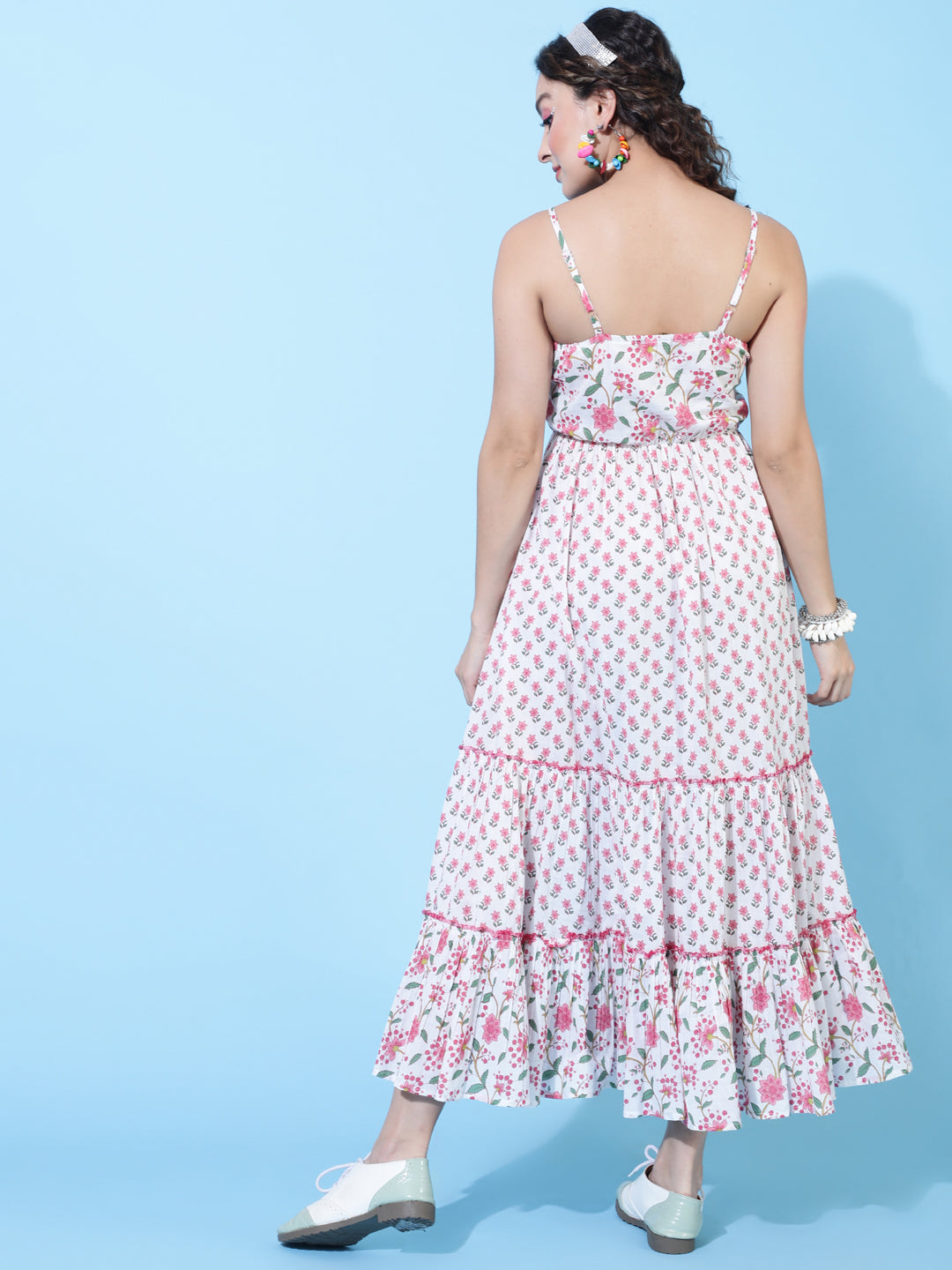 Cotton Calf Printed Flared Strappy Sleeves Round Dress