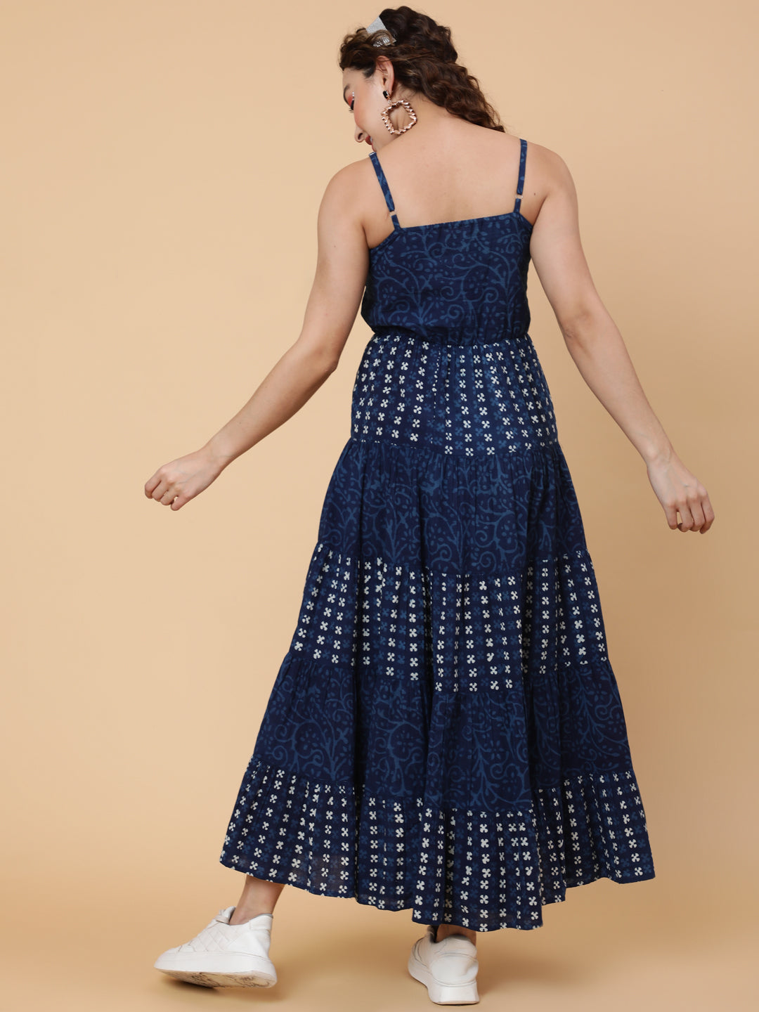 Cotton Calf Printed Flared Strappy Sleeves Round Dress