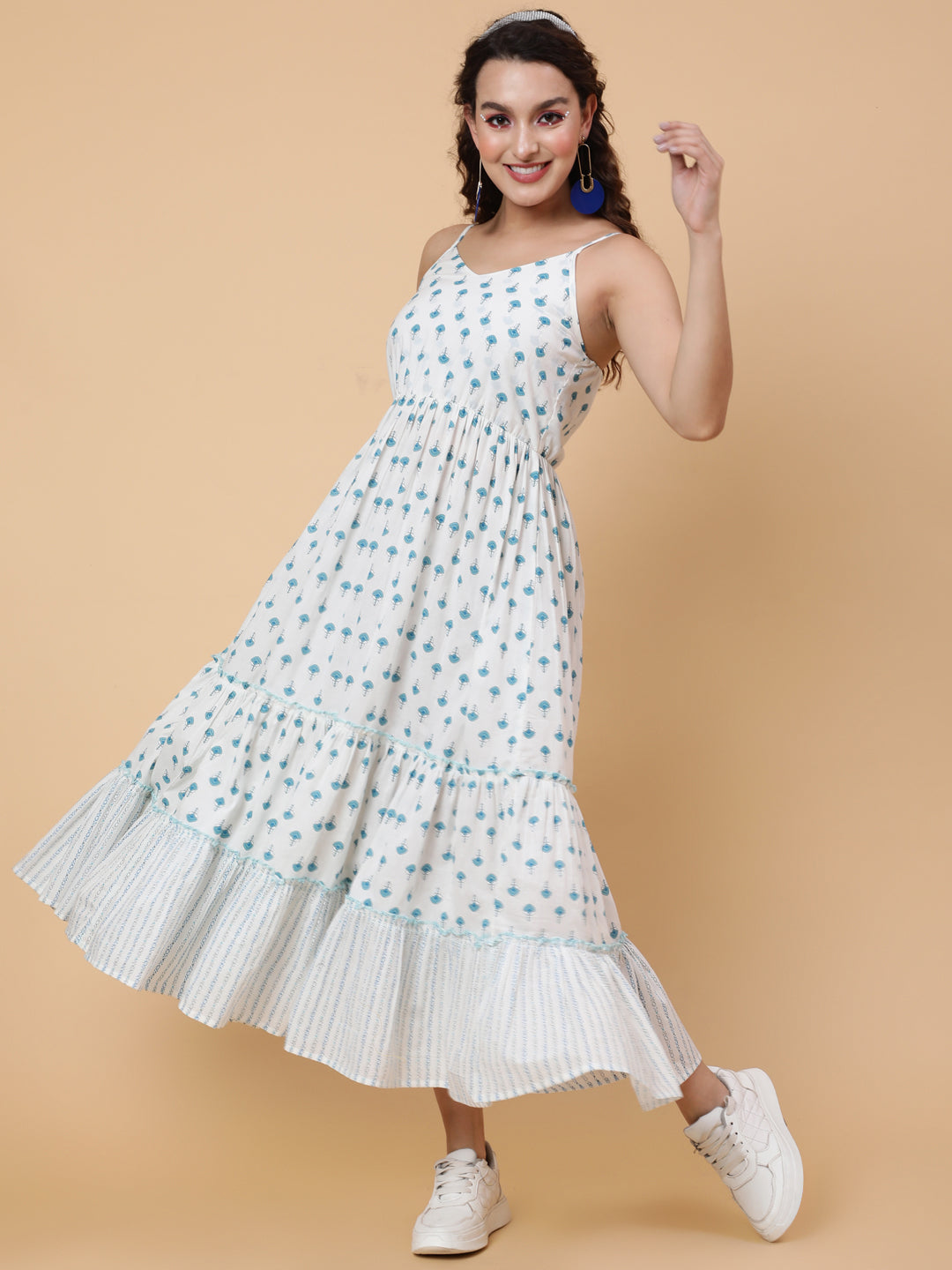 Cotton Calf Printed Flared Strappy Sleeves Round Dress