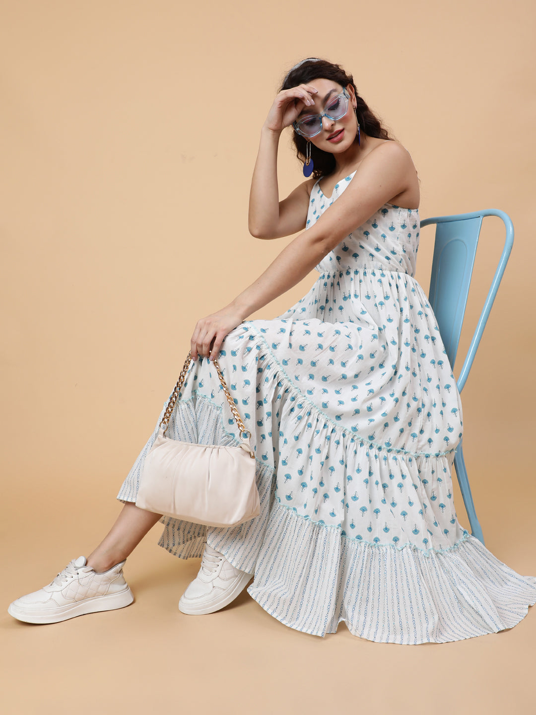 Cotton Calf Printed Flared Strappy Sleeves Round Dress