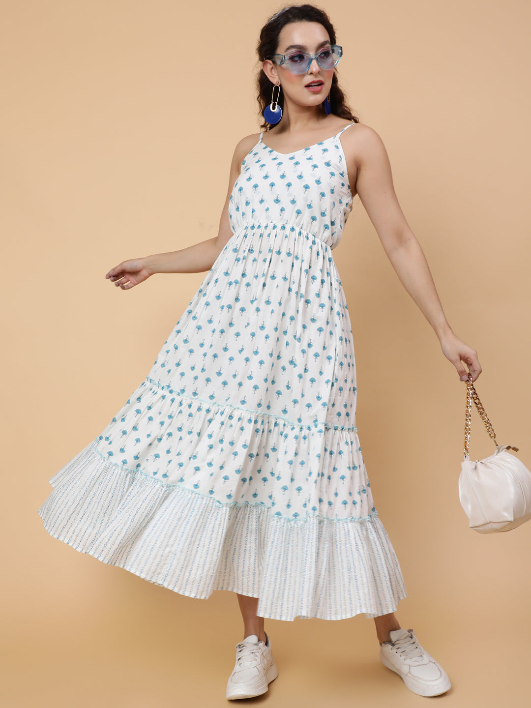 Cotton Calf Printed Flared Strappy Sleeves Round Dress