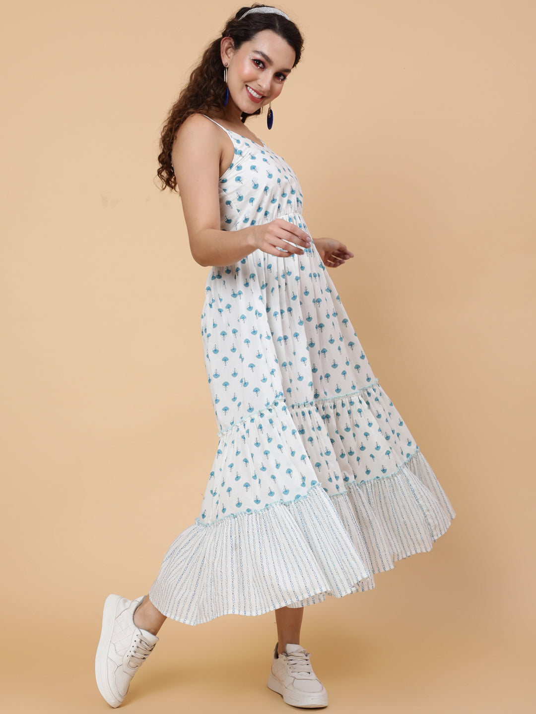 Cotton Calf Printed Flared Strappy Sleeves Round Dress