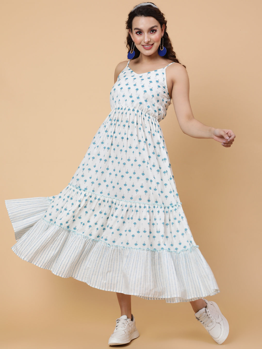 Cotton Calf Printed Flared Strappy Sleeves Round Dress