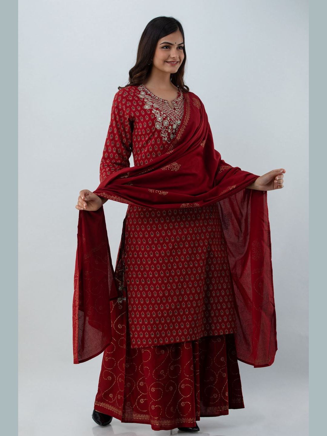 Printed Cotton Round Neck 3/4 Sleeve Straight Calf Length Kurta Set With Dupatta