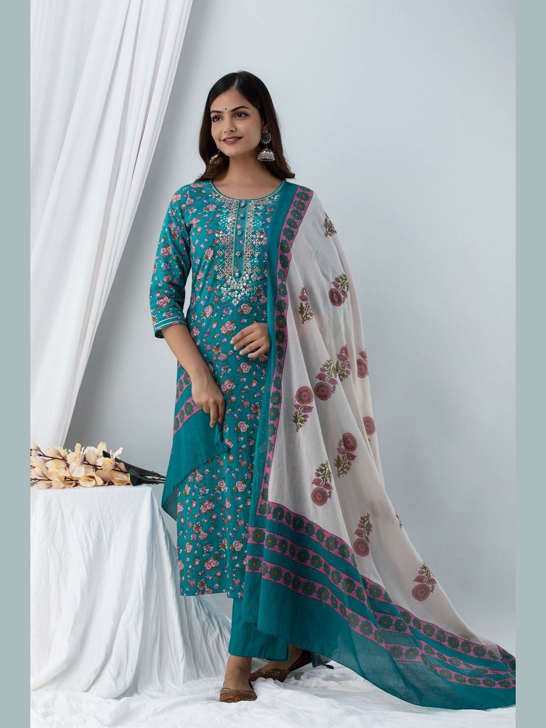 Printed Cotton Round Neck 3/4 Sleeve Straight Calf Length Kurta Set With Dupatta