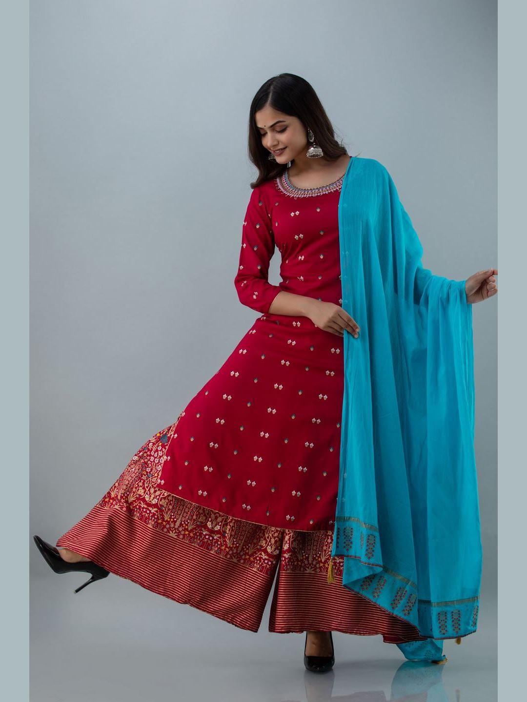 Printed Rayon Round Neck 3/4 Sleeve Straight Calf Length Kurta Set