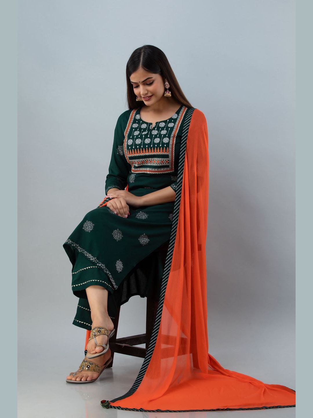 Embroidered Rayon Round Neck 3/4 Sleeve Straight Calf Kurta Set
