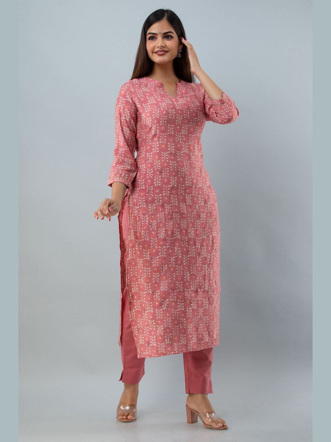 Printed Rayon V Neck 3/4 Sleeve Straight Calf Kurta Set
