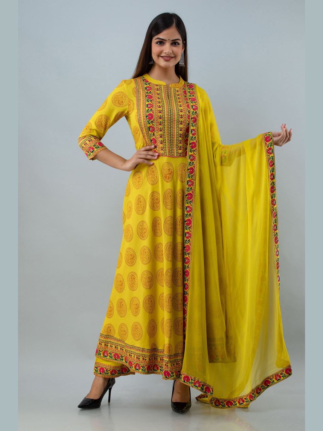 Printed Rayon Collar Neck 3/4 Sleeve Flared Ankle Kurta Set With Dupatta