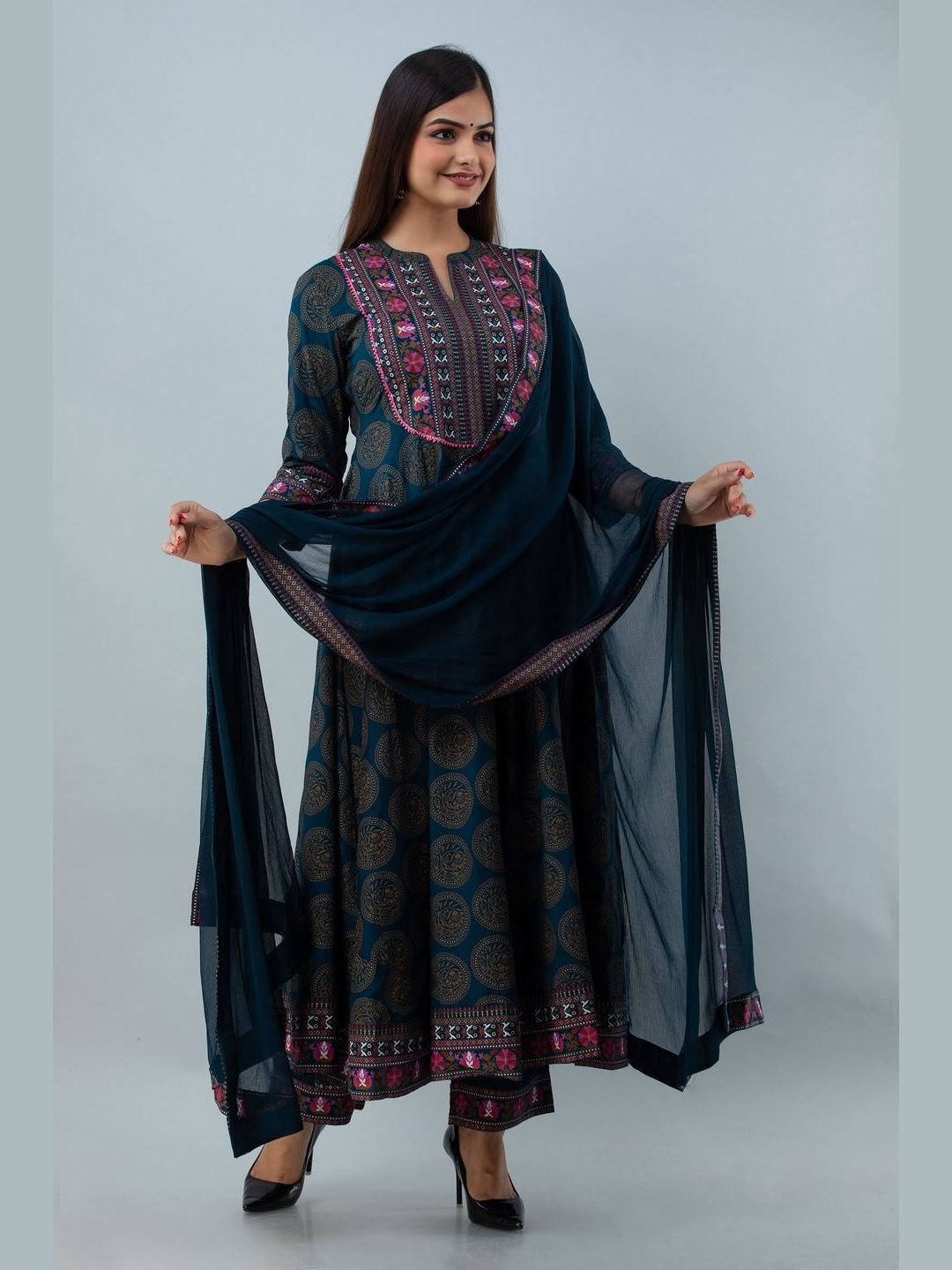 Printed Rayon Collar Neck 3/4 Sleeve Flared Ankle Kurta Set With Dupatta