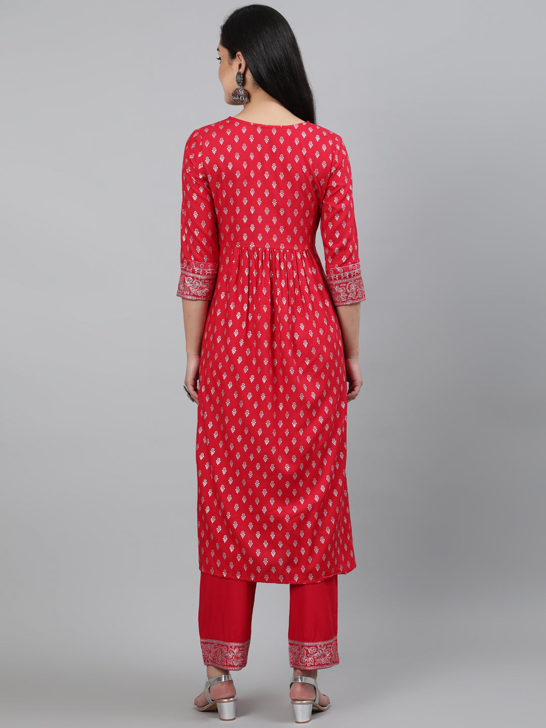 Rayon Coral Calf Length A-Line 3/4 Sleeve Round Neck Foil Printed Kurta & Pant Set