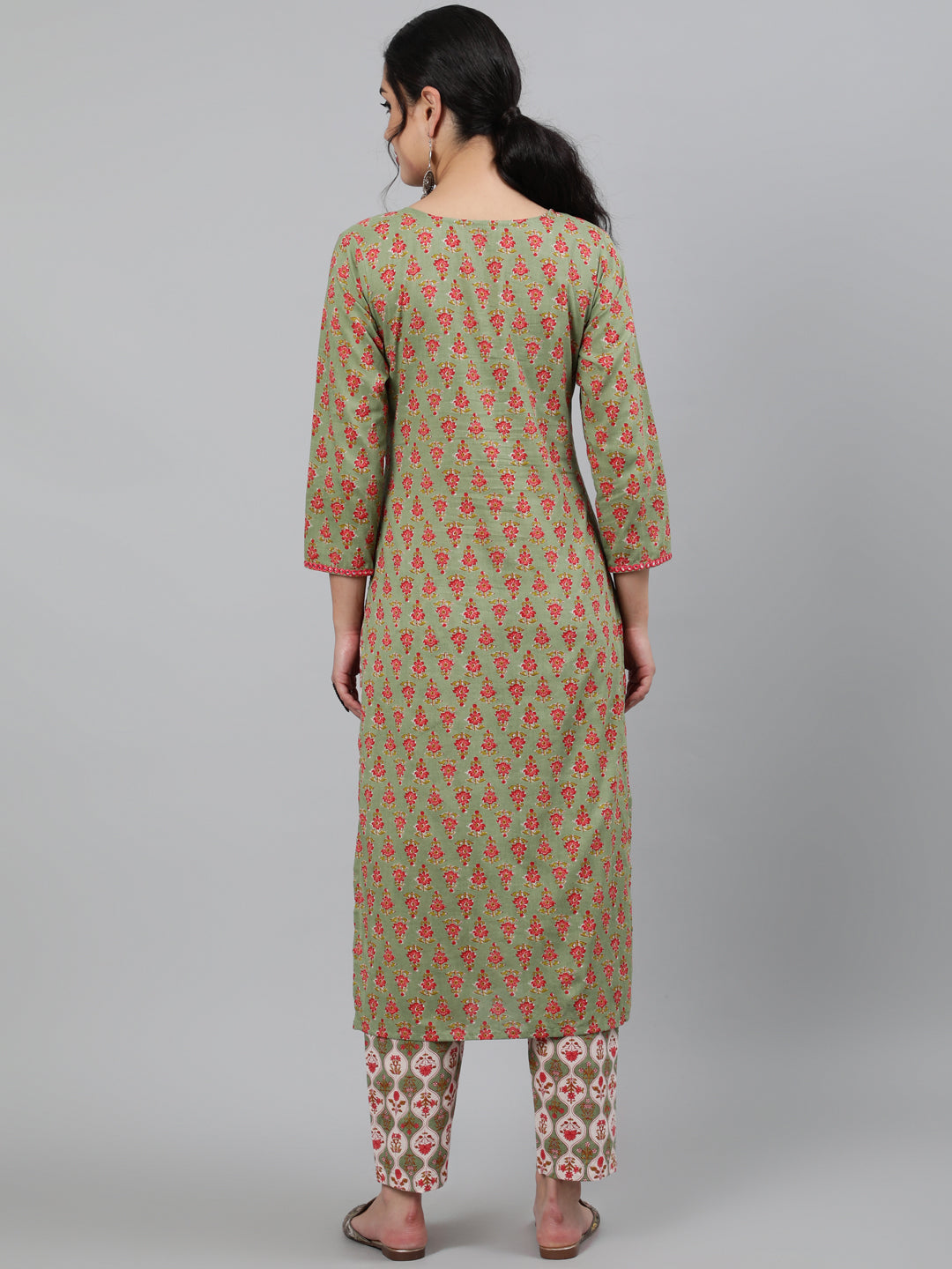 Cotton Green Calf Length Straight 3/4 Sleeve Round Neck Printed Kurta & Pant Set