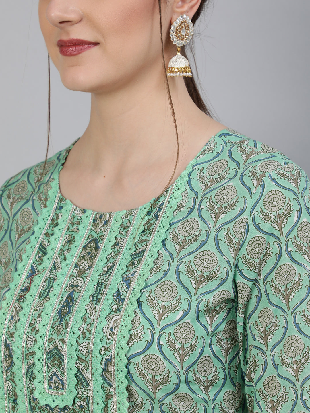Printed Round Neck Calf Length 3/4 Sleeve Cotton Straight Kurta, Pant & Chiffon Dupatta Set