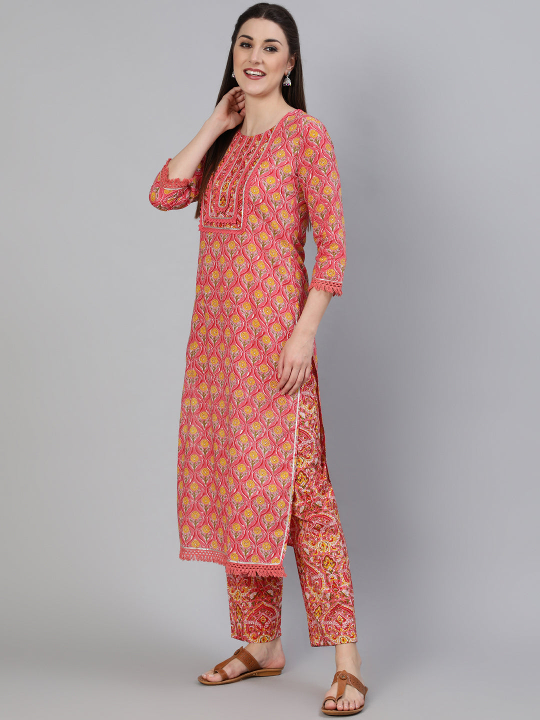 Printed Round Neck Calf Length 3/4 Sleeve Cotton Straight Kurta, Pant & Chiffon Dupatta Set