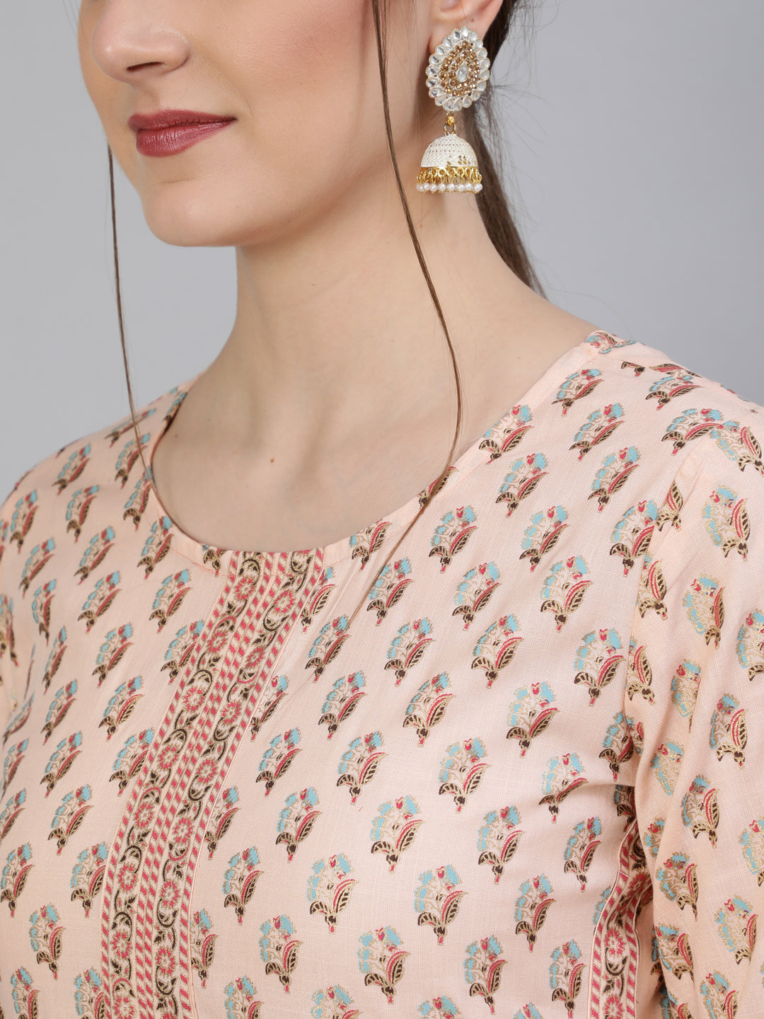 Foil Printed Round Neck Calf Length 3/4 Sleeve Rayon Straight Kurta, Pant & Chiffon Dupatta Set