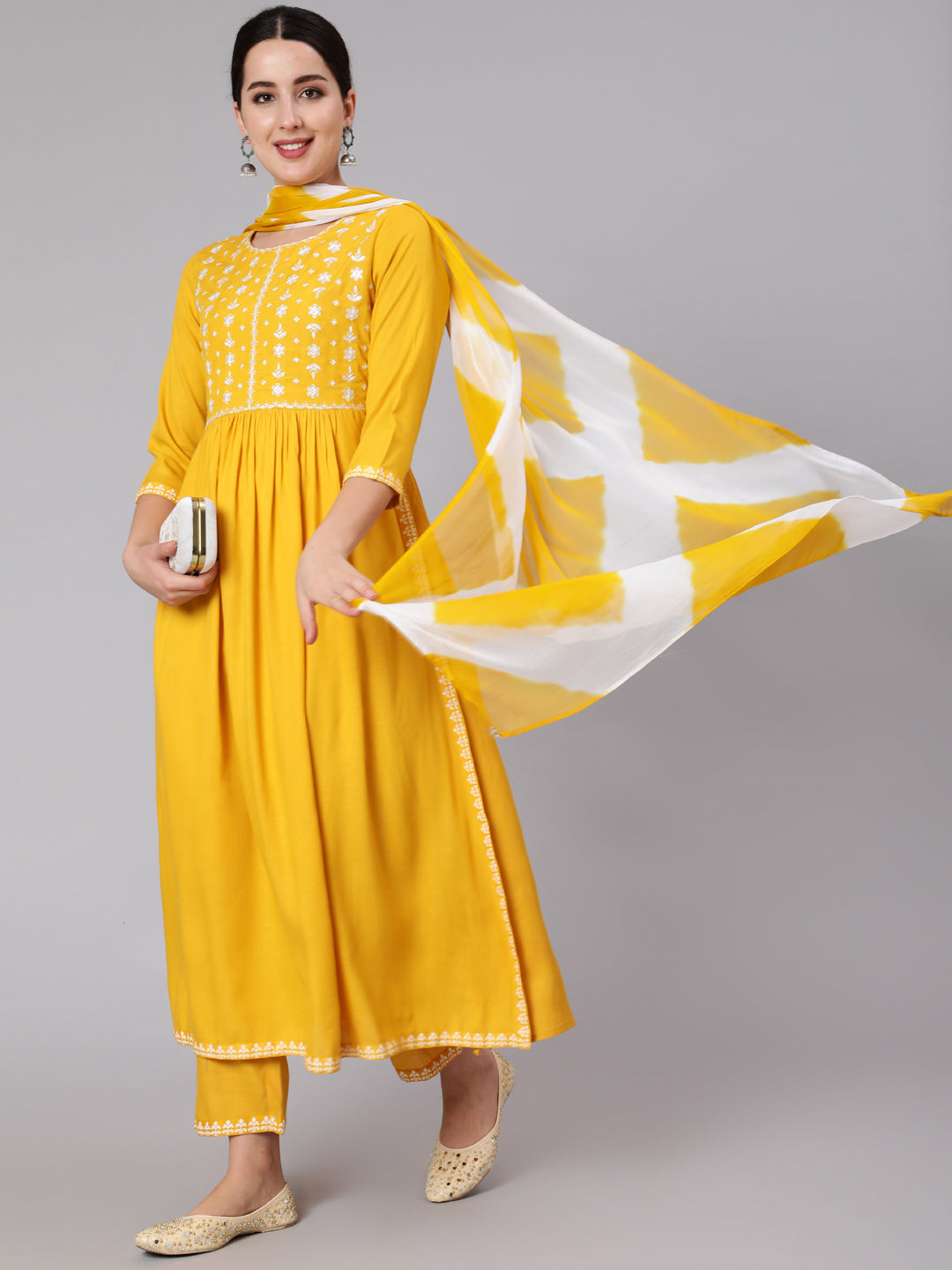 Rayon Slub Calf Length Embroidered Flared 3/4 Sleeve Round Neck Kurta Set With Dupatta