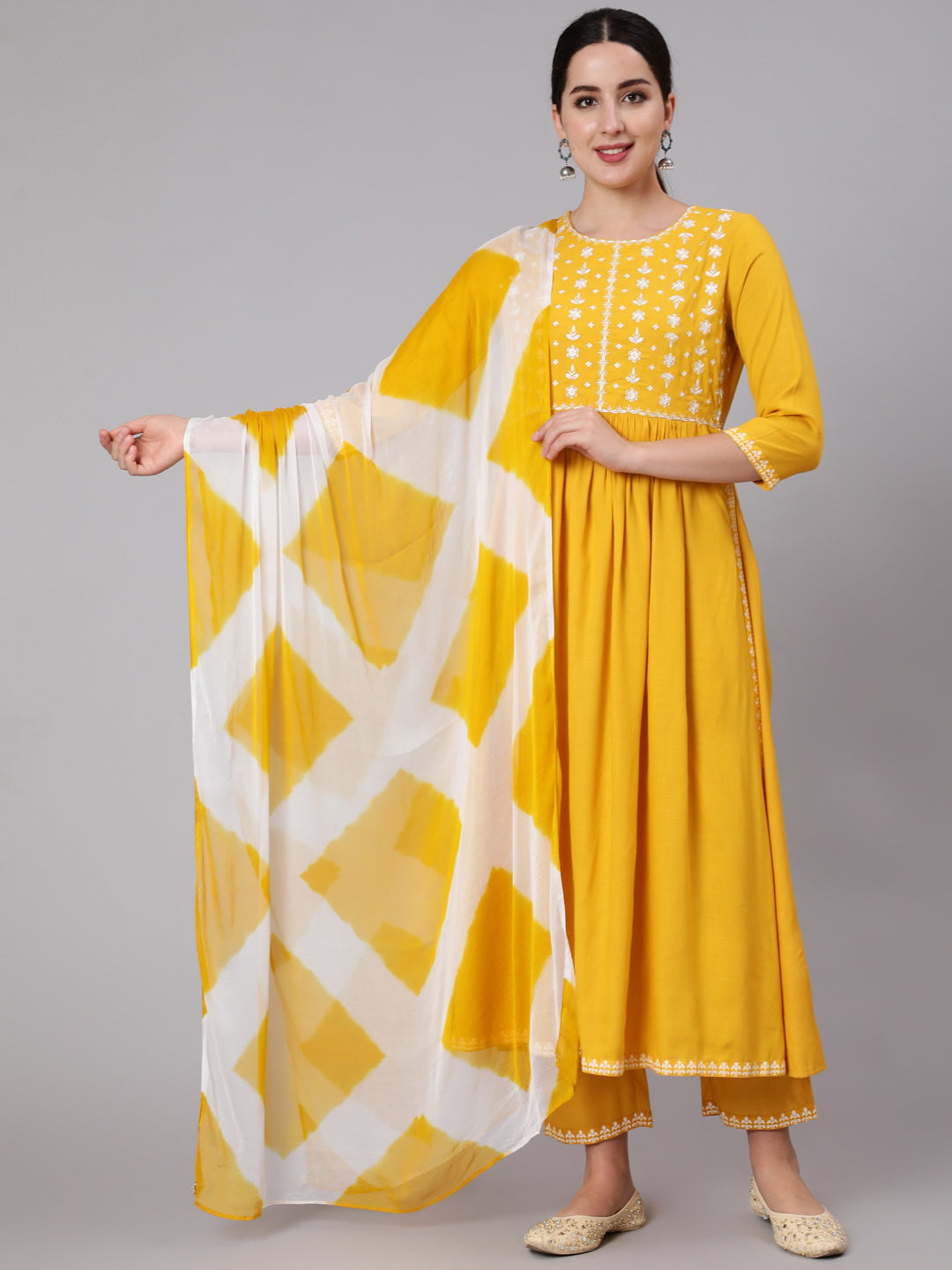 Rayon Slub Calf Length Embroidered Flared 3/4 Sleeve Round Neck Kurta Set With Dupatta