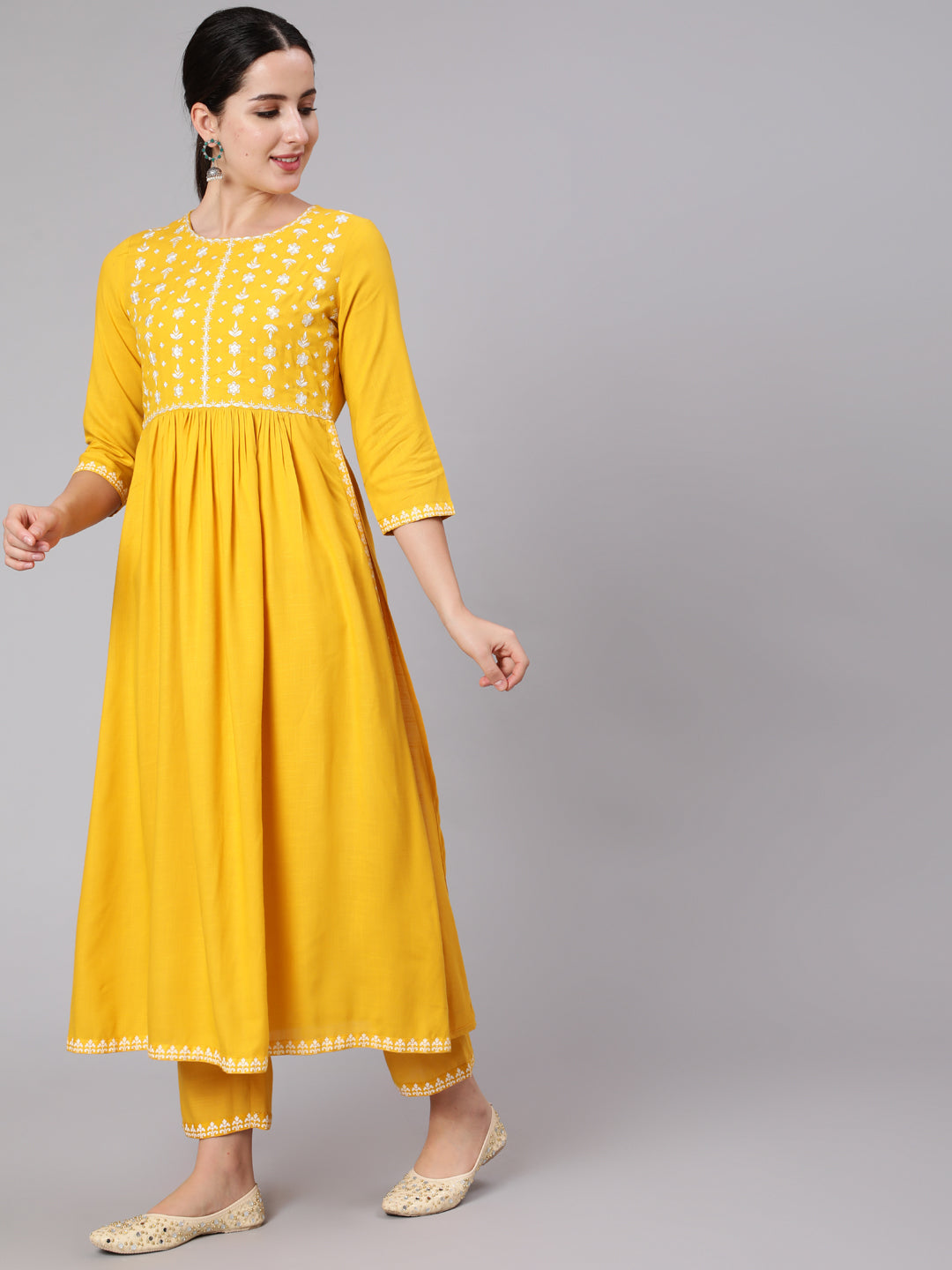 Rayon Slub Calf Length Embroidered Flared 3/4 Sleeve Round Neck Kurta Set With Dupatta