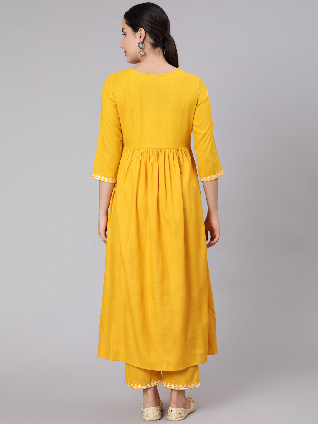 Rayon Slub Calf Length Embroidered Flared 3/4 Sleeve Round Neck Kurta Set With Dupatta