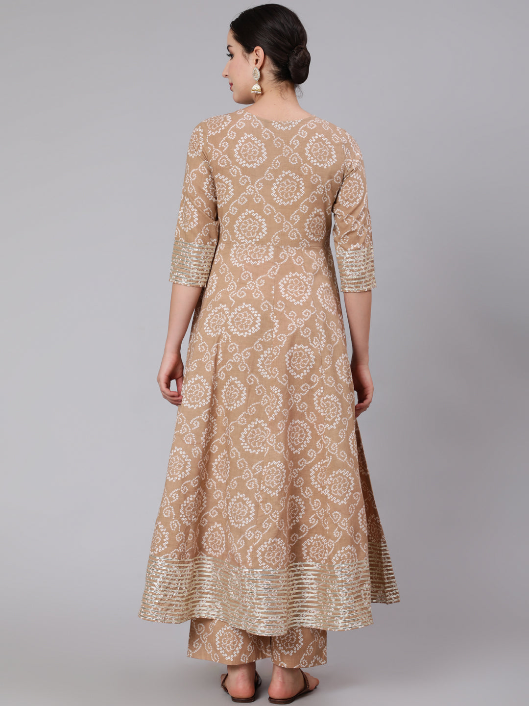 Cotton Calf Length Mirror Work Flared 3/4 Sleeve Round Neck Kurta Set With Dupatta