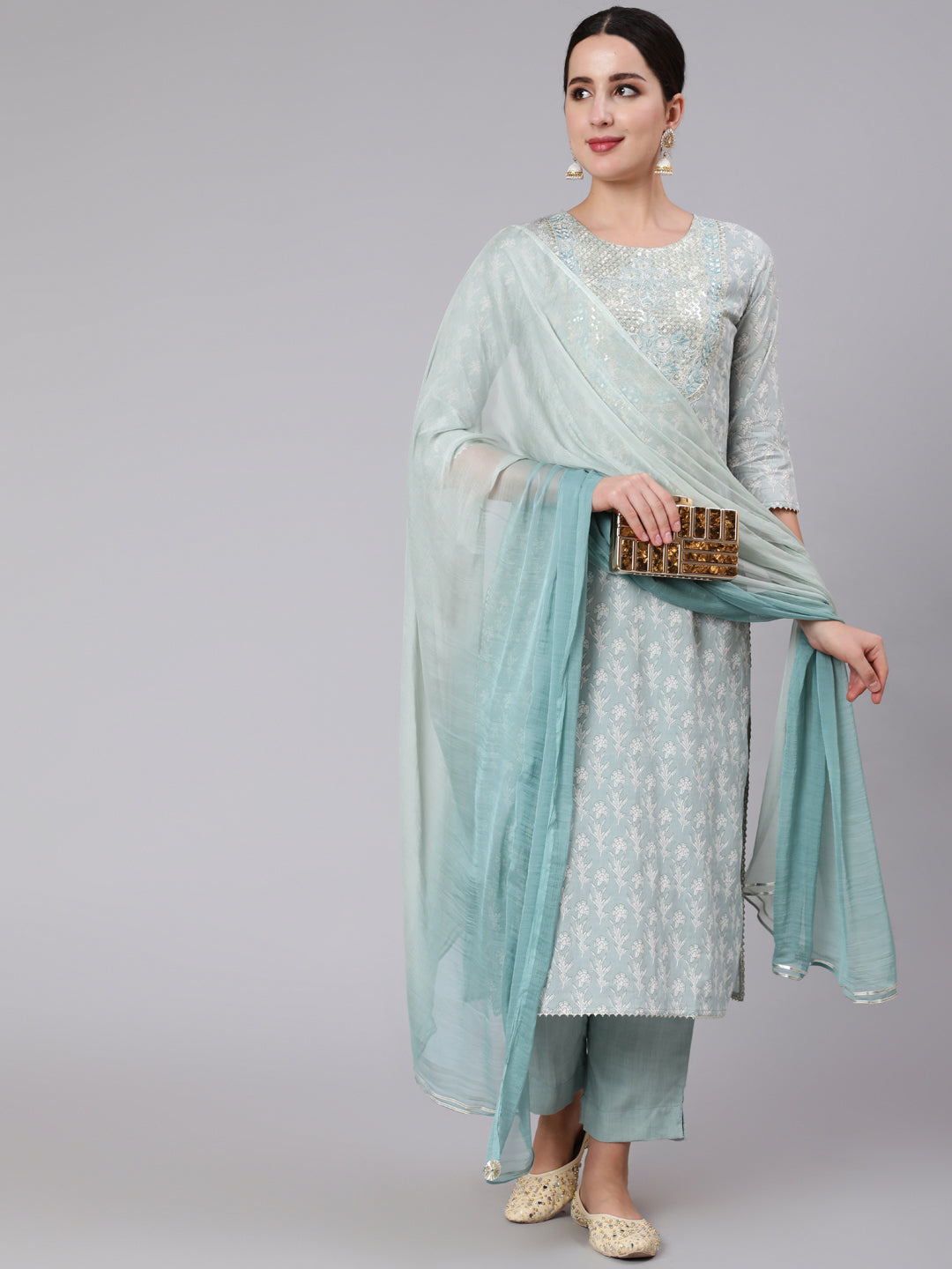 Rayon Calf Length Sequence Stright 3/4 Sleeve Round Neck Kurta Set With Dupatta