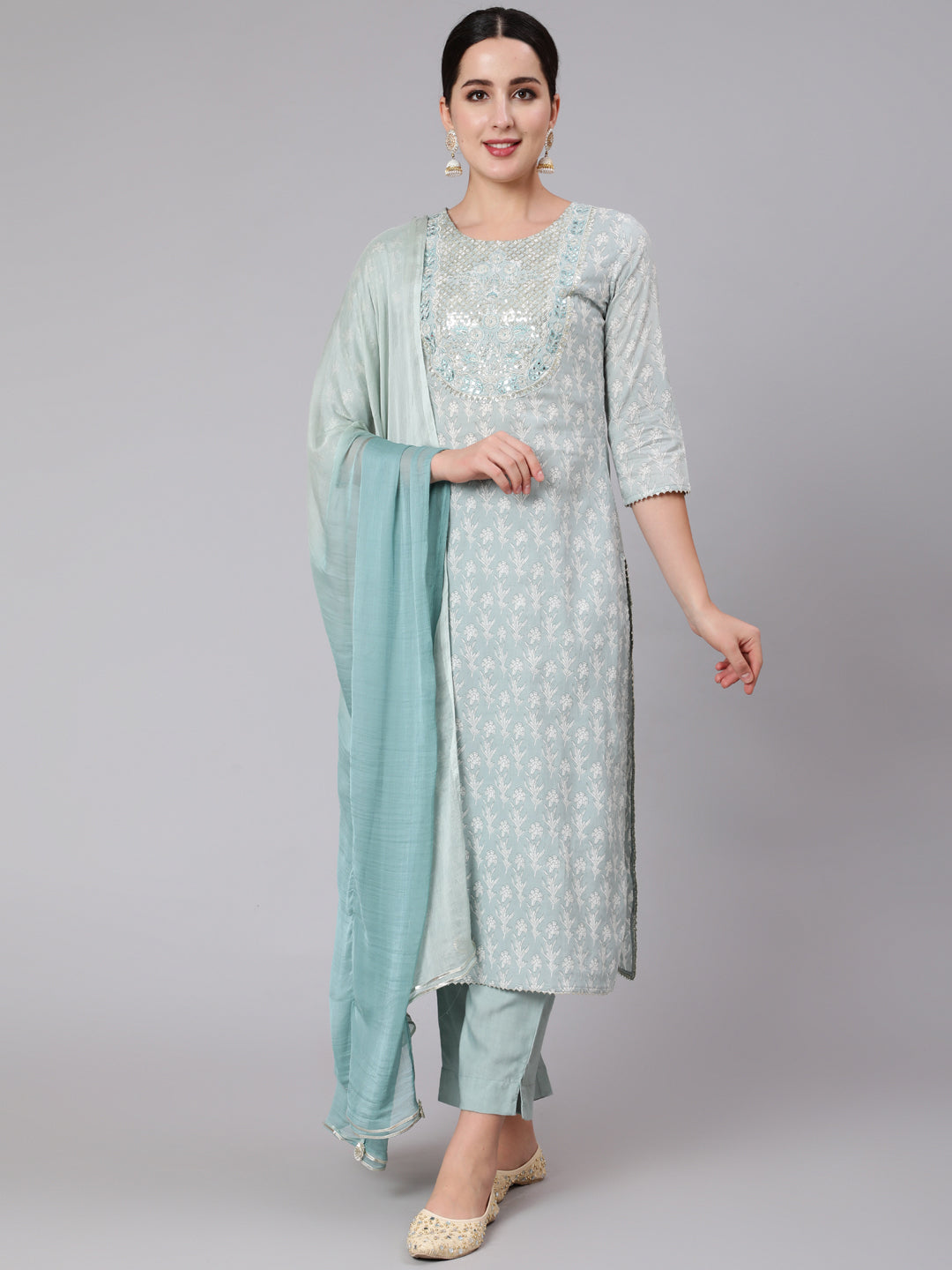 Rayon Calf Length Sequence Stright 3/4 Sleeve Round Neck Kurta Set With Dupatta