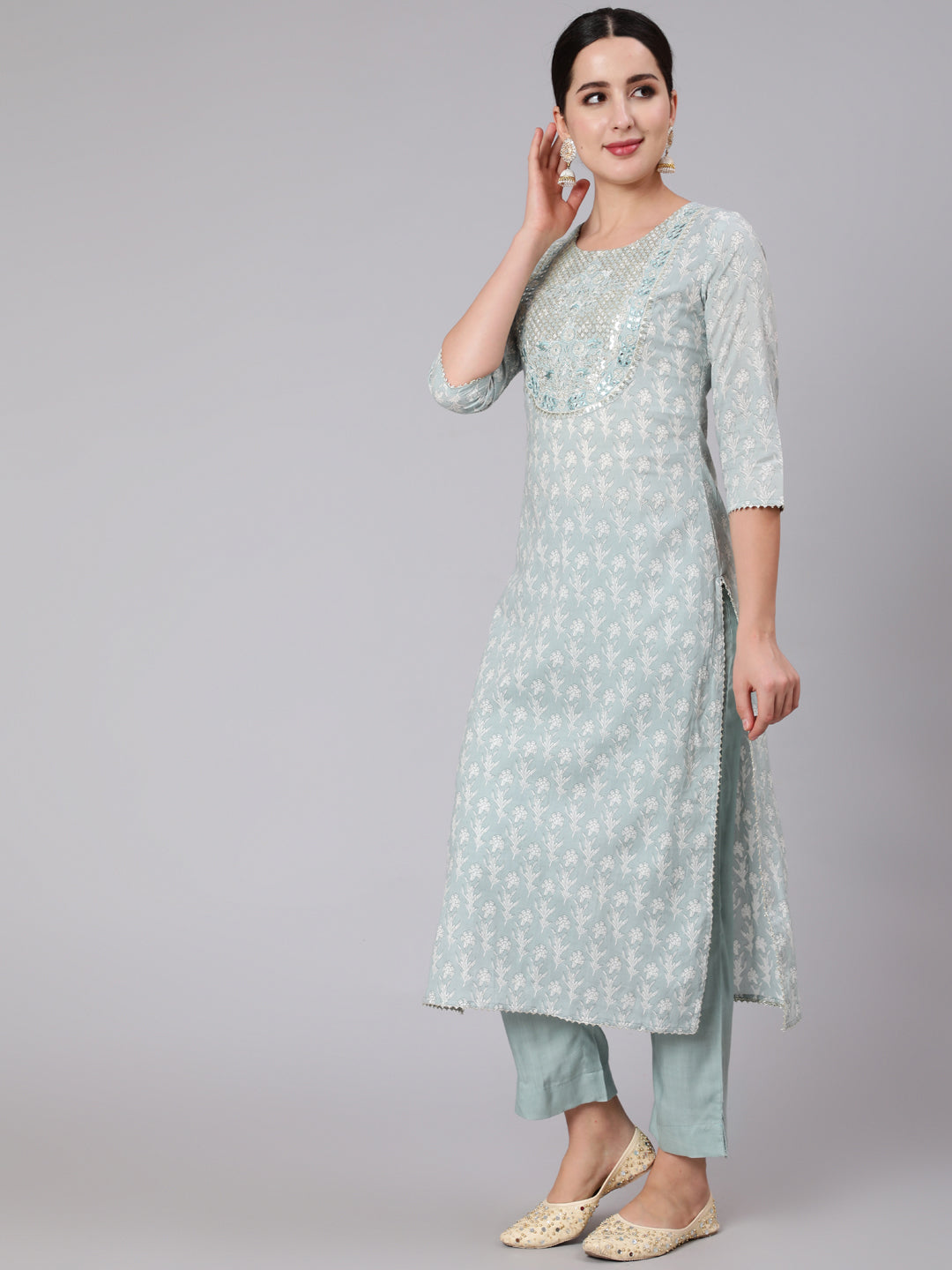 Rayon Calf Length Sequence Stright 3/4 Sleeve Round Neck Kurta Set With Dupatta