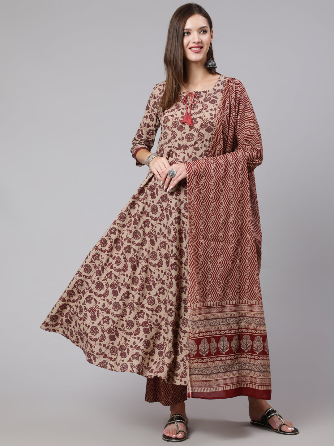 Cotton Calf Length Printed Flared 3/4 Sleeve Round Neck Kurta Bottom Dupatta Set