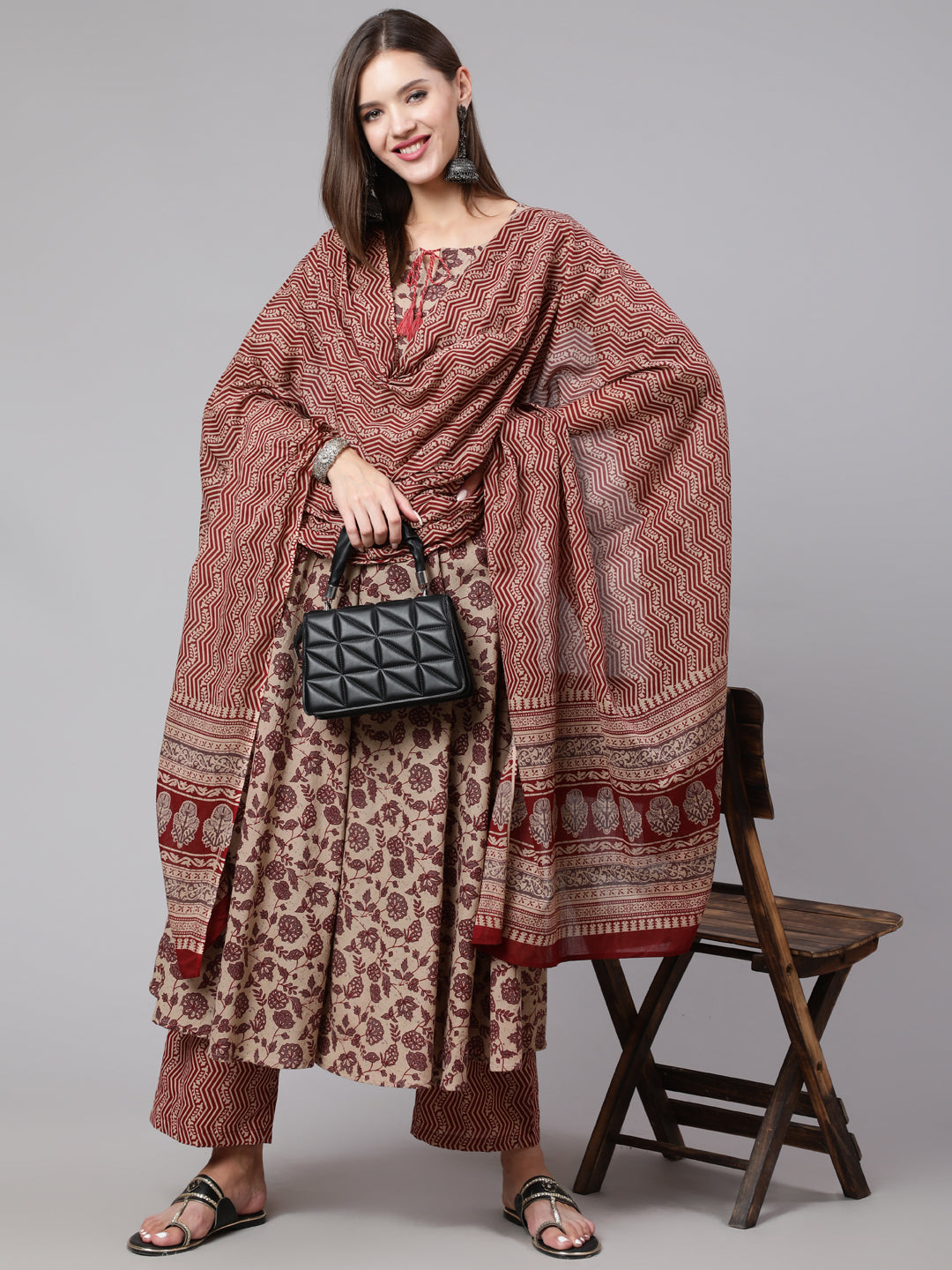 Cotton Calf Length Printed Flared 3/4 Sleeve Round Neck Kurta Bottom Dupatta Set
