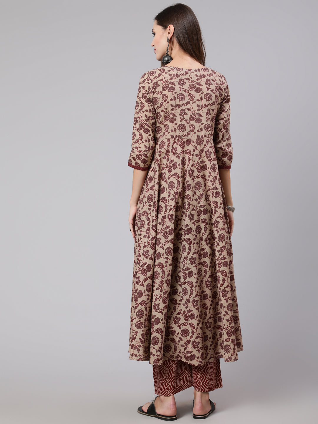 Cotton Calf Length Printed Flared 3/4 Sleeve Round Neck Kurta Bottom Dupatta Set