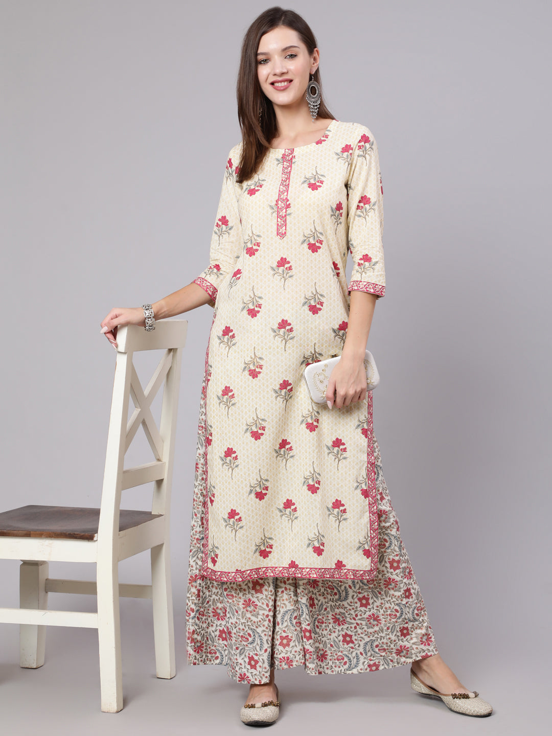 Rayon Calf Length Printed Straight 3/4 Sleeve Round Neck kurta Bottom
