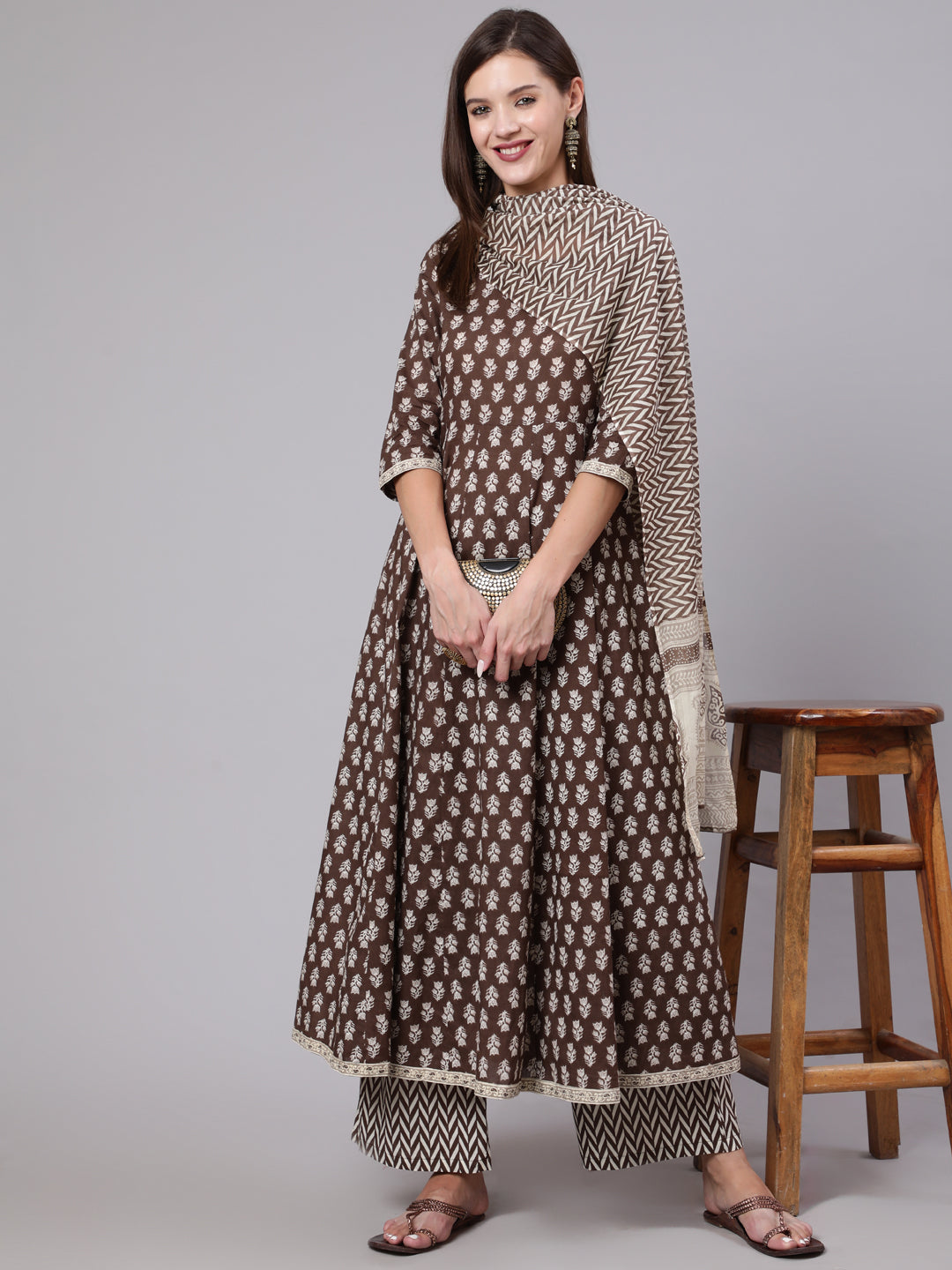 Cotton Calf Length Printed Flared 3/4 Sleeve Round Neck Kurta Bottom Dupatta Set