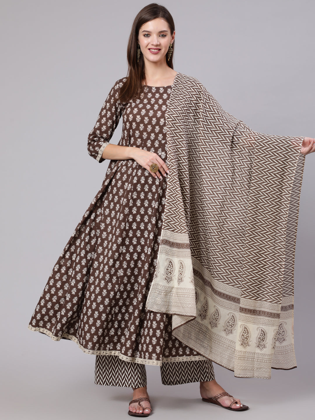 Cotton Calf Length Printed Flared 3/4 Sleeve Round Neck Kurta Bottom Dupatta Set