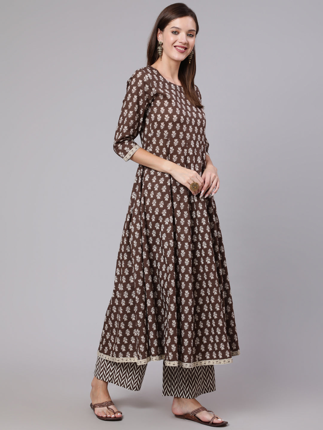 Cotton Calf Length Printed Flared 3/4 Sleeve Round Neck Kurta Bottom Dupatta Set