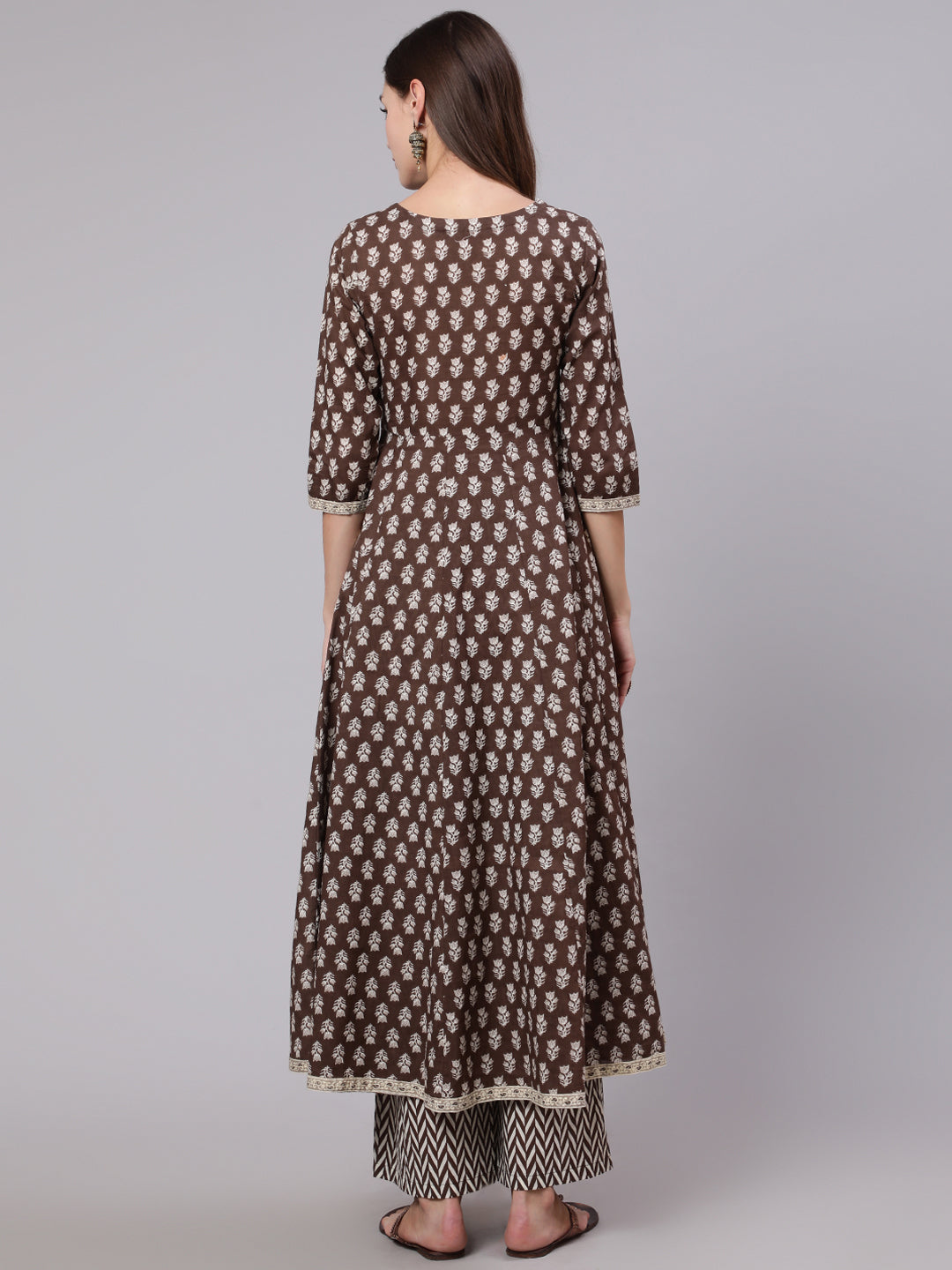 Cotton Calf Length Printed Flared 3/4 Sleeve Round Neck Kurta Bottom Dupatta Set