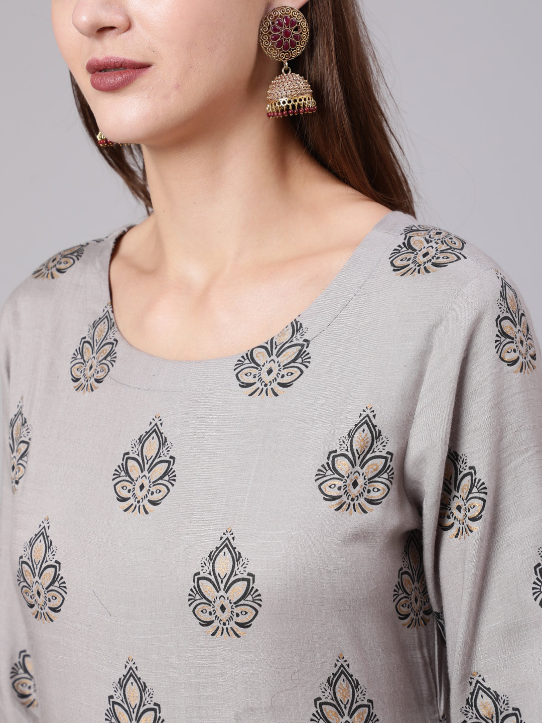 Rayon Calf Length Printed Flared 3/4 Sleeve Round Neck Kurta Bottom Set