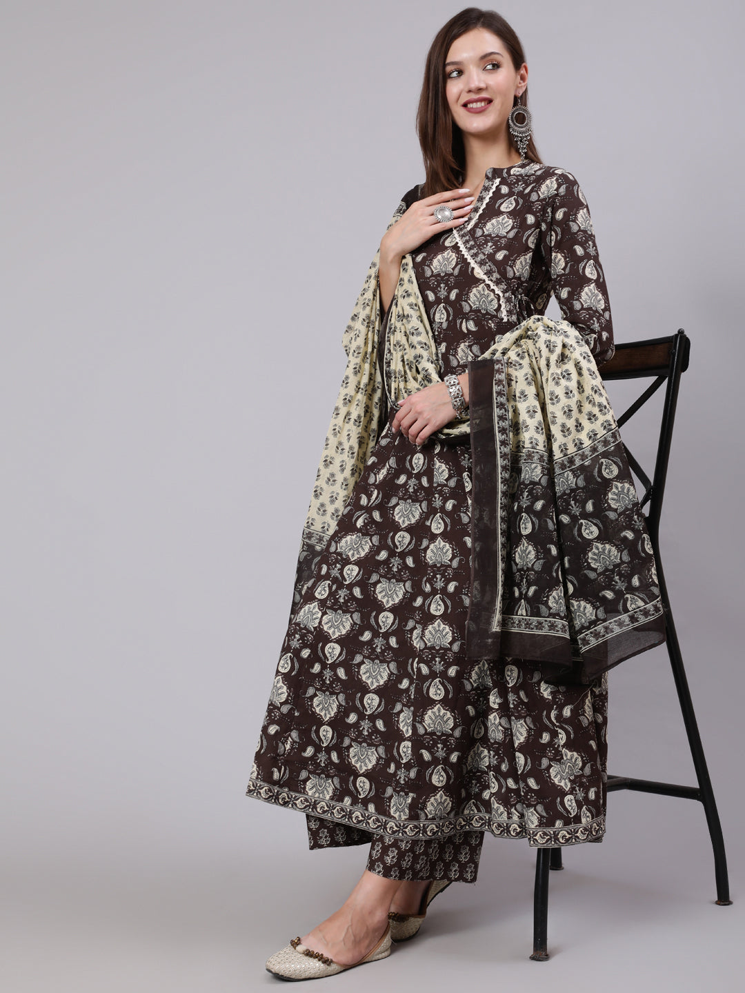 Cotton Calf Length Printed Flared 3/4 Sleeve Collar Neck Kurta Bottom Dupatta Set