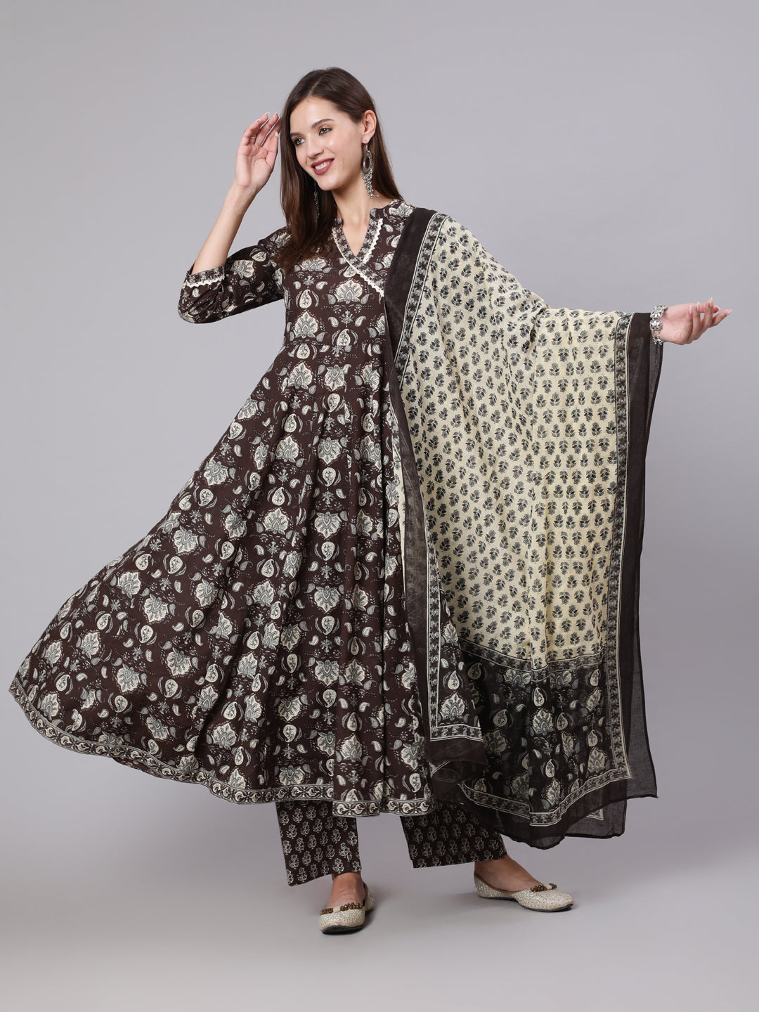 Cotton Calf Length Printed Flared 3/4 Sleeve Collar Neck Kurta Bottom Dupatta Set