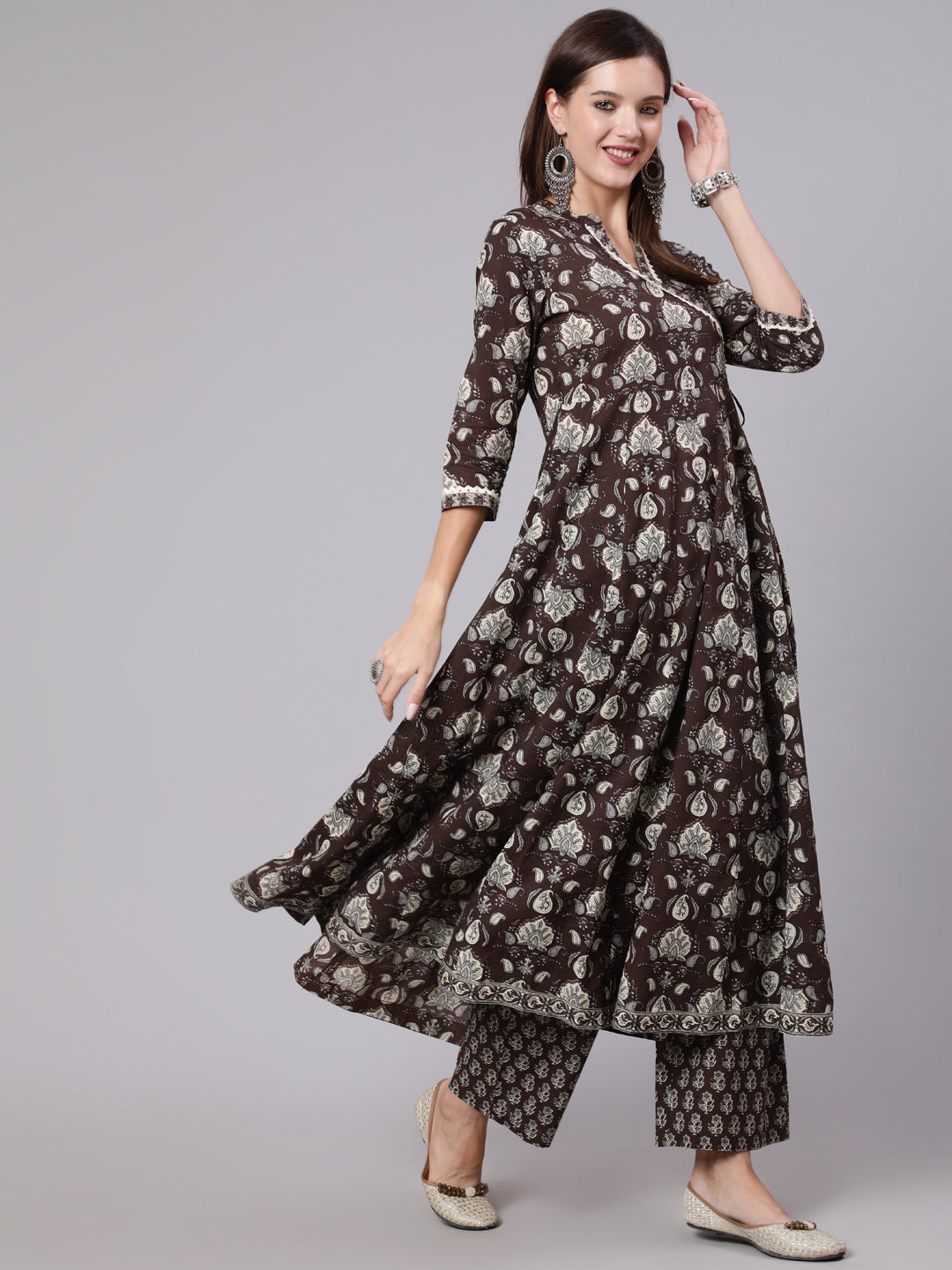 Cotton Calf Length Printed Flared 3/4 Sleeve Collar Neck Kurta Bottom Dupatta Set