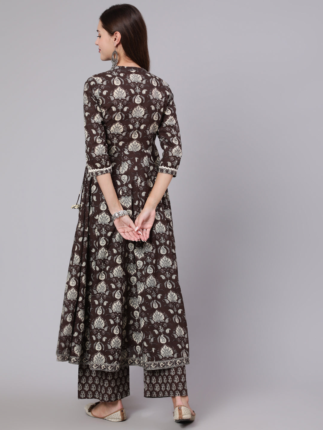 Cotton Calf Length Printed Flared 3/4 Sleeve Collar Neck Kurta Bottom Dupatta Set