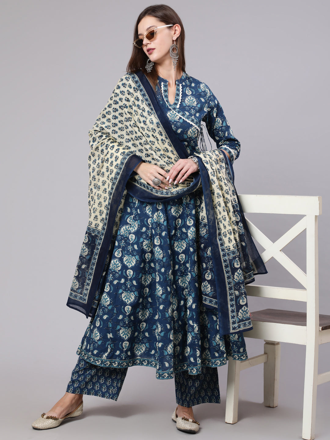 Cotton Calf Length Printed Flared 3/4 Sleeve Collar Neck Kurta Bottom Dupatta Set